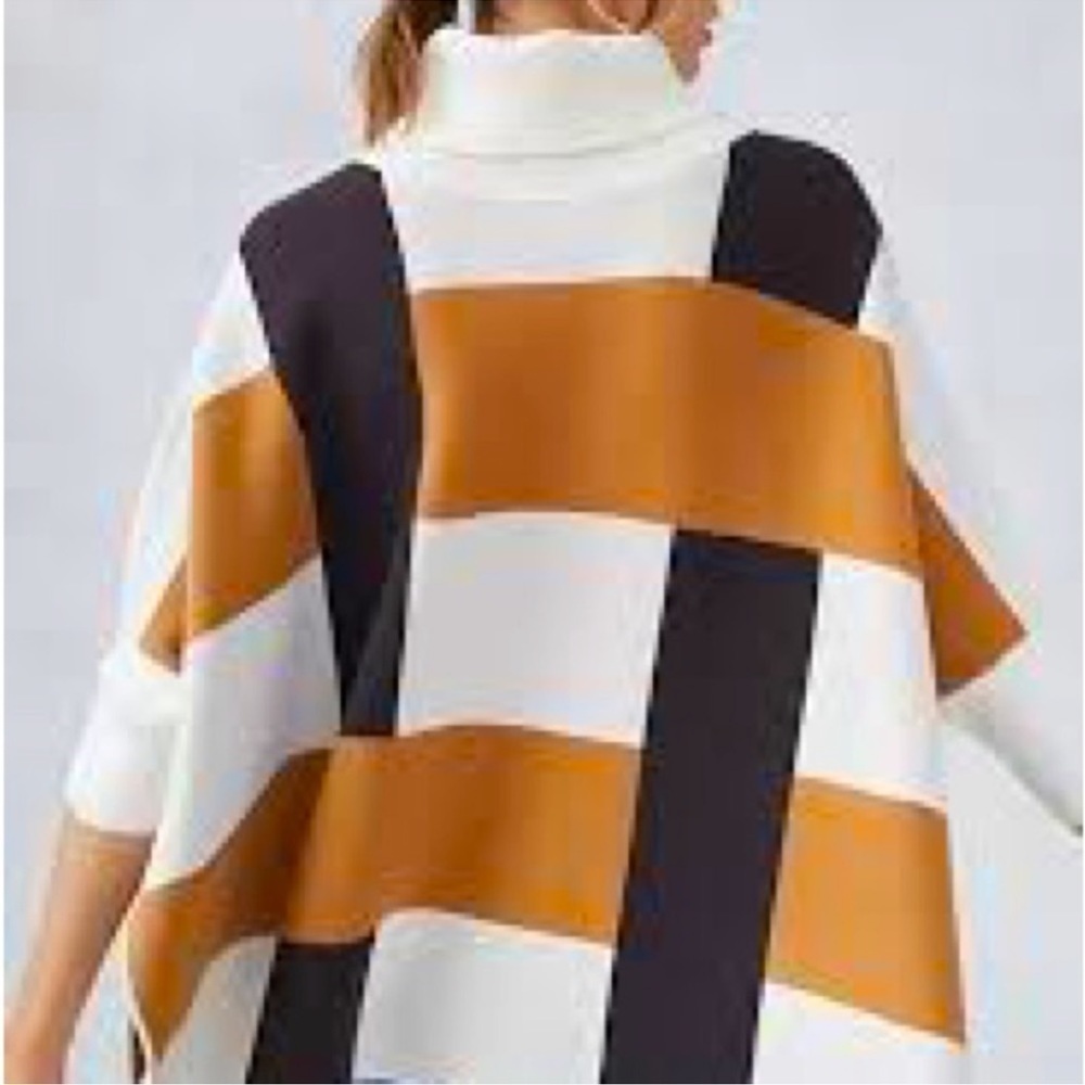 Anthropologie White, Black, and Orange Striped Turtleneck Sweater